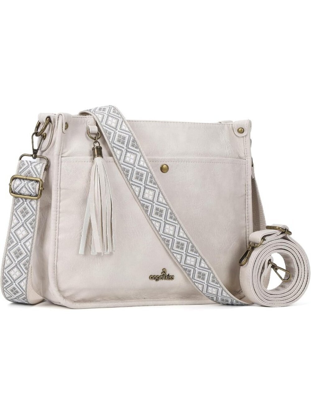 Women's Beige Vegan Leather Crossbody Bags Ladies Tassel Bag with Guitar Strap